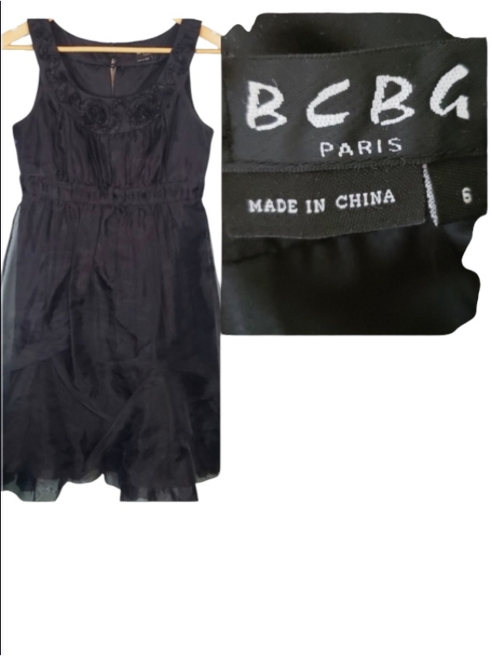 BCBGParis vintage beaded sheer black cocktail dress rosettes sheen
